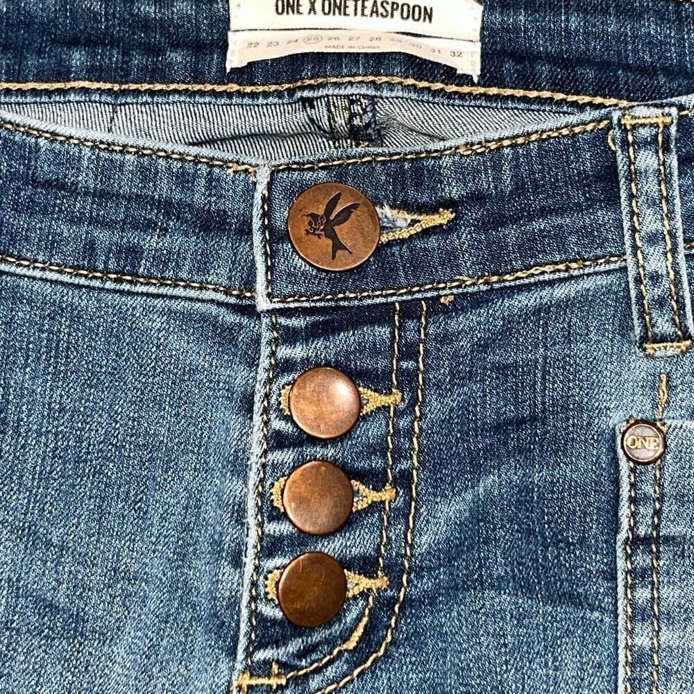 ONE X ONETEASPOON Low Rise Exposed Button Fly Dolphin Hem Distressed Jeans Sz.25 - Picture 12 of 16